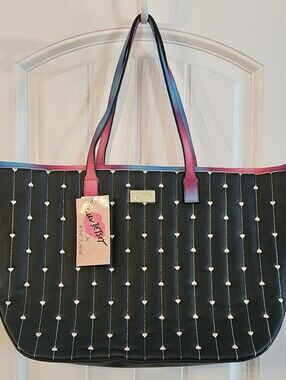 Betsey Johnson Black Heart-Pattern Tote with Pink-Blue Ombre Handles